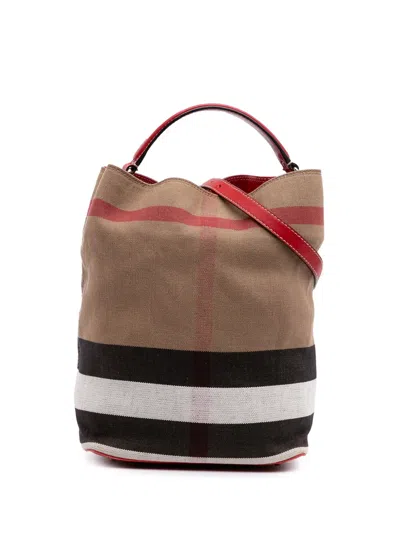 Pre-owned Burberry 2000-2024 Medium Mega Check Canvas Ashby Bucket Bag Satchel