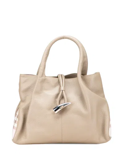 Pre-owned Burberry 2000-2025 House Check Trimmed Leather Horn Toggle Tote Bag In Brown