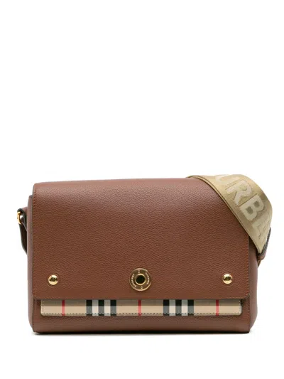 Pre-owned Burberry 2000-2025 Leather And House Check Canvas Note Crossbody Bag In Brown