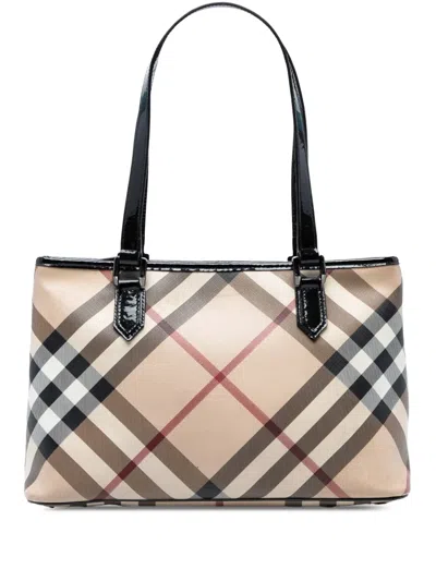 Pre-owned Burberry 2000-2025 Supernova Check Coated Canvas Tote Bag In Brown
