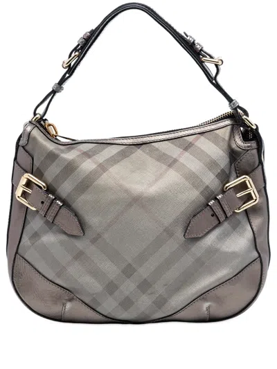 Pre-owned Burberry 2000-2026 Supernova Check Coated Canvas And Metallic Leather Shoulder Bag In Gray