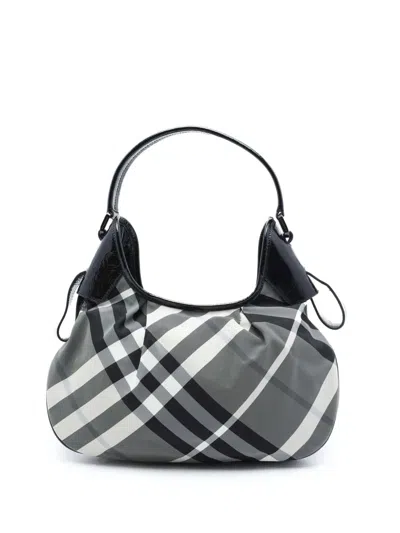Pre-owned Burberry 2000-2017 Beat Check Nylon Brooklyn Hobo Bag In Grey