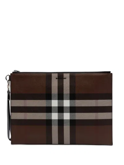 Pre-owned Burberry 2000-2017 Check Coated Canvas Zip Pouch Clutch Bag In Brown