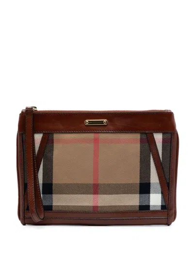 Pre-owned Burberry 2000-2017 Exploded Check Canvas Wristlet Clutch Bag In Brown