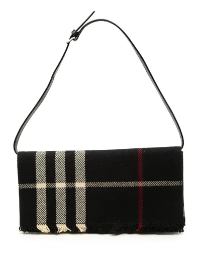 Pre-owned Burberry 2000-2017 Exploded Check Wool Fringe Shoulder Bag In Black