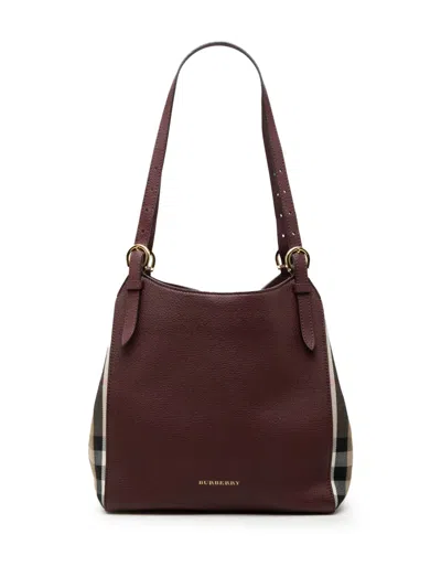 Pre-owned Burberry 2000-2017 Grained Calfskin And House Check Canvas Canterbury Tote Bag In Red