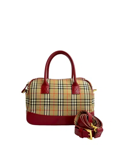 Pre-owned Burberry 2000-2017 Haymarket Check Canvas Satchel In Red