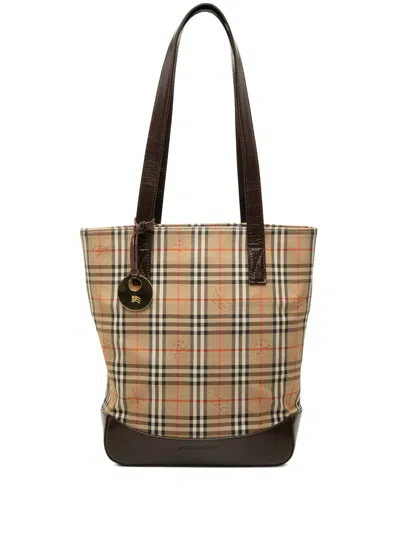 Pre-owned Burberry 2000-2017 Haymarket Check Canvas Tote Bag In Brown