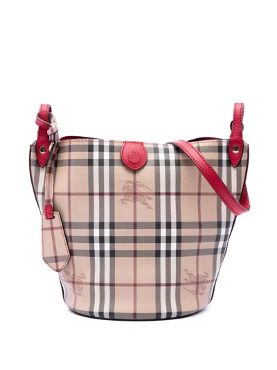 Pre-owned Burberry 2000-2017 Haymarket Check Coated Canvas Lorne Bucket Bag In Red