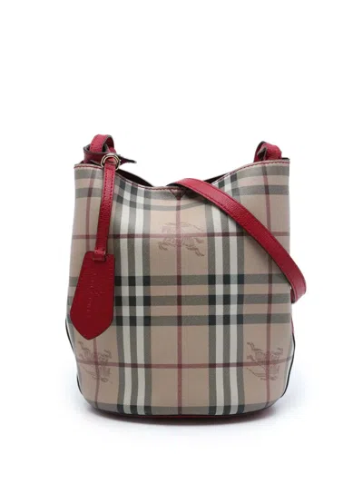 Pre-owned Burberry 2000-2017 Haymarket Check Coated Canvas Lorne Bucket Bag In Red