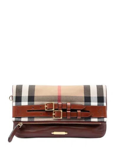 Pre-owned Burberry 2000-2017 House Check Canvas And Leather Adeline Fold Over Wristlet Clutch Bag In Neutral