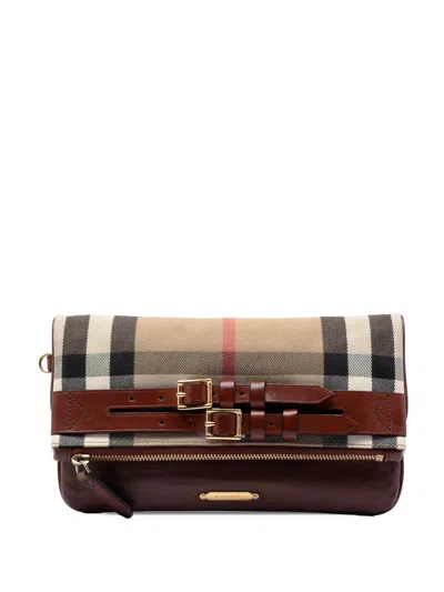 Pre-owned Burberry 2000-2017 House Check Canvas And Leather Adeline Fold Over Wristlet Clutch Bag In Neutral