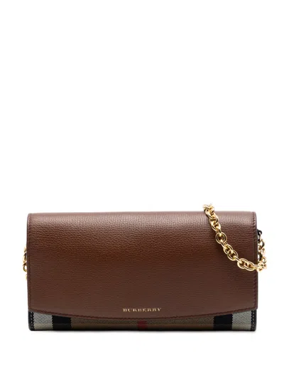 Pre-owned Burberry 2000-2017 House Check Canvas And Leather Henley Wallet On Chain Crossbody Bag In Brown