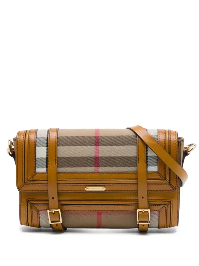 Pre-owned Burberry 2000-2017 House Check Canvas And Leather Trimmed Bridle Crossbody Bag In Brown