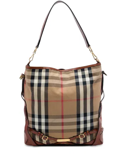 Pre-owned Burberry 2000-2017 House Check Canvas Gosford Bridle Satchel In Neutrals