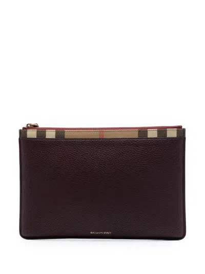 Pre-owned Burberry 2000-2017 House Check Canvas Trimmed Grained Calfskin Zip Pouch Clutch Bag In Red