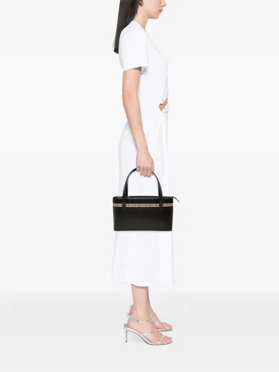 Pre-owned Burberry 2000-2017 House Check Canvas Trimmed Leather Handbag In Black