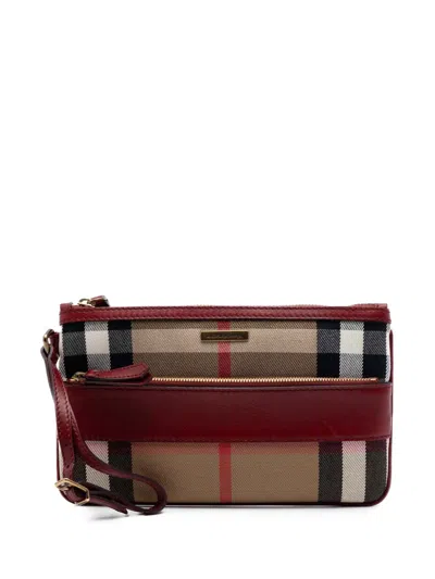 Pre-owned Burberry 2000-2017 House Check Canvas Wristlet Clutch Bag In Red