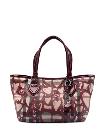 Pre-owned Burberry 2000-2017 House Check Coated Canvas Hearts Gracie Tote Bag In Red