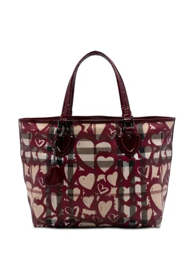 Pre-owned Burberry 2000-2017 House Check Coated Canvas Hearts Gracie Tote Bag In Red