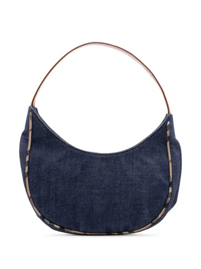 Pre-owned Burberry 2000-2017 House Check Trimmed Denim Shoulder Bag In Blue