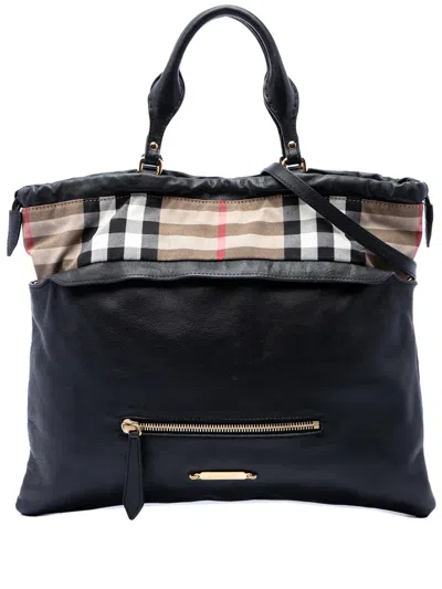 Pre-owned Burberry 2000-2017 House Check Trimmed Leather Big Crush Convertible Tote Satchel In Black