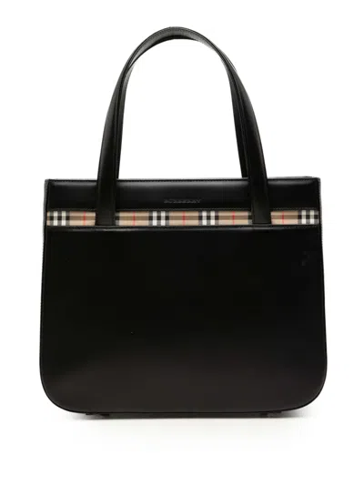 Pre-owned Burberry 2000-2017 House Check Trimmed Leather Handbag In Black