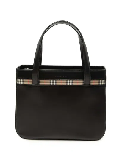 Pre-owned Burberry 2000-2017 House Check Trimmed Leather Handbag In Black