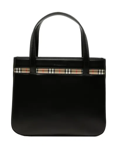 Pre-owned Burberry 2000-2017 House Check Trimmed Leather Handbag In Black