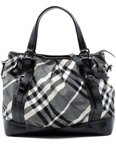 Pre-owned Burberry 2000-2017 Large Beat Check Nylon Lowry Satchel In Gray