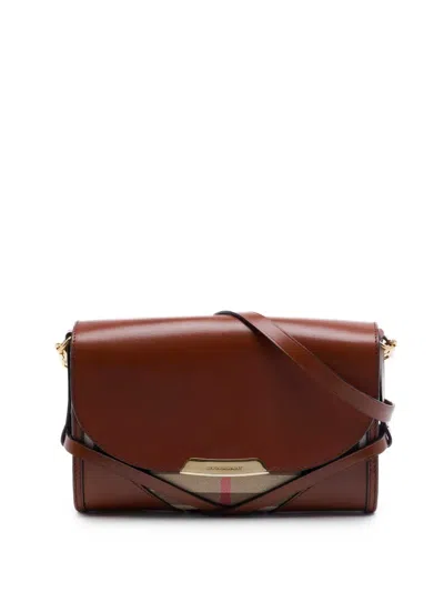 Pre-owned Burberry 2000-2017 Leather And House Check Canvas Bridle Abbott Crossbody Bag In Brown
