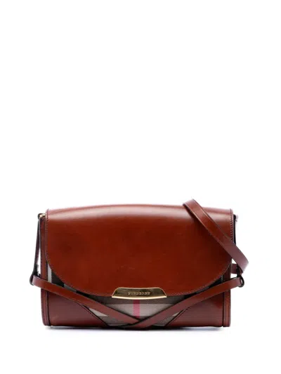 Pre-owned Burberry 2000-2017 Leather And House Check Canvas Bridle Abbott Crossbody Bag In Brown