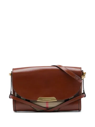 Pre-owned Burberry 2000-2017 Leather And House Check Canvas Bridle Abbott Crossbody Bag In Brown