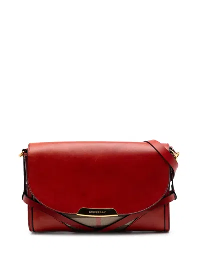 Pre-owned Burberry 2000-2017 Leather And House Check Canvas Bridle Abbott Crossbody Bag In Red