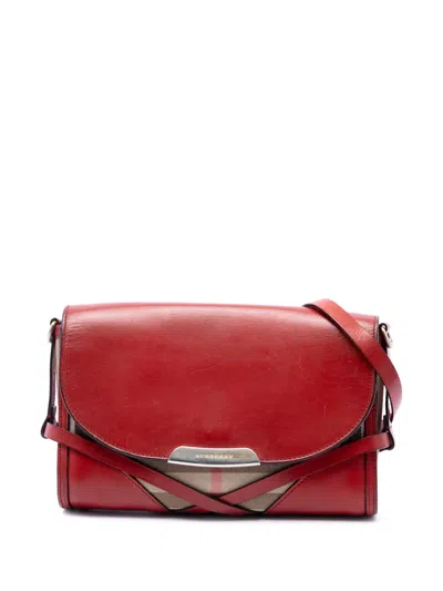 Pre-owned Burberry 2000-2017 Leather And House Check Canvas Bridle Abbott Crossbody Bag In Red