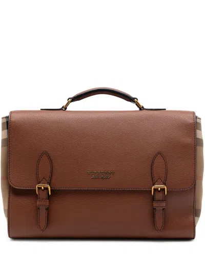 Pre-owned Burberry 2000-2017 Leather And House Check Canvas Ethan Business Bag In Brown