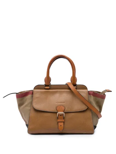 Pre-owned Burberry 2000-2017 Leather And House Check Canvas Harcourt Satchel In Brown