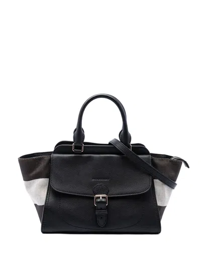 Pre-owned Burberry 2000-2017 Leather And Mega Check Canvas Harcourt Satchel In Black