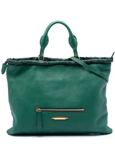 Pre-owned Burberry 2000-2017 Leather Big Crush Convertible Tote Satchel In Green