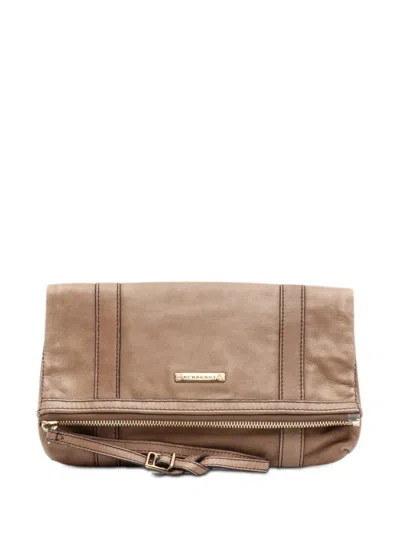 Pre-owned Burberry 2000-2017 Leather Fold Over Wristlet Clutch Bag In Brown