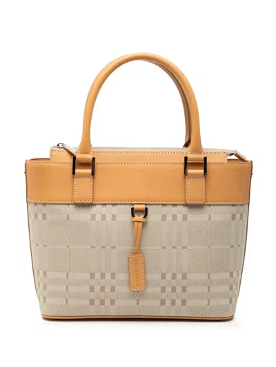 Pre-owned Burberry 2000-2017 Leather Trimmed Tonal Check Canvas Handbag In Brown
