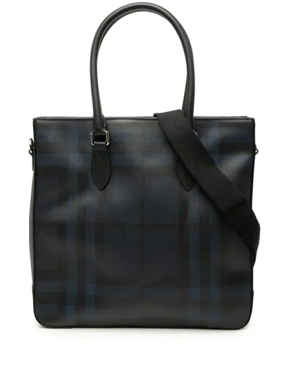 Pre-owned Burberry 2000-2017 London Check Coated Canvas Kenneth Satchel In Blue