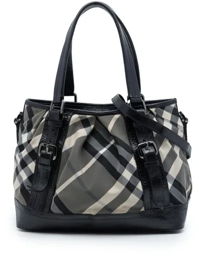 Pre-owned Burberry 2000-2017 Medium Beat Check Nylon Lowry Satchel In Grey