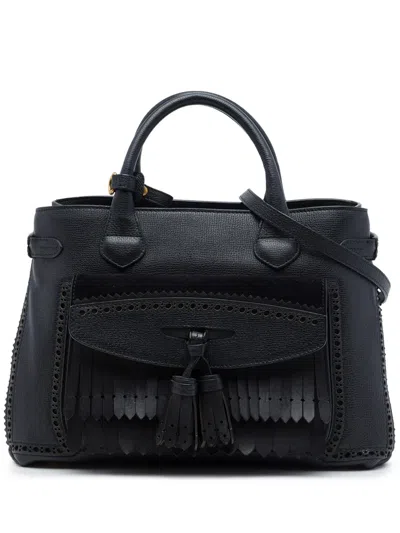 Pre-owned Burberry 2000-2017 Medium Grained Calfskin Brogue And Fringe Banner Satchel In Black