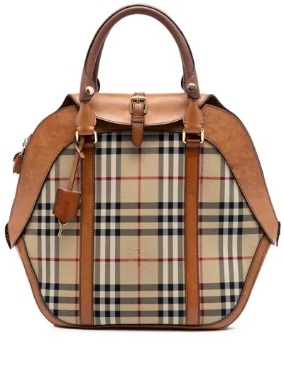 Pre-owned Burberry 2000-2017 Medium Haymarket Check Coated Canvas Orchard Bowling Bag Satchel In Neutral