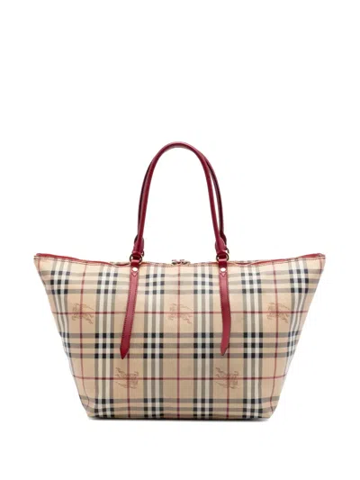 Pre-owned Burberry 2000-2017 Medium Haymarket Check Coated Canvas Salisbury Tote Bag In Red