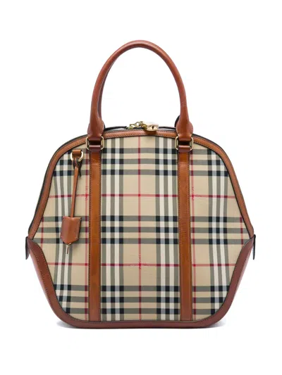 Pre-owned Burberry 2000-2017 Medium Haymarket Check Nylon Orchard Bowling Bag Satchel In Neutrals