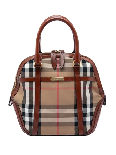 Pre-owned Burberry 2000-2017 Medium House Check Canvas Bridle Orchard Handbag In Brown