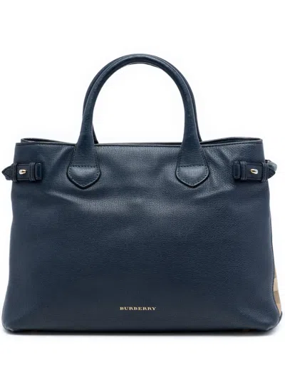Pre-owned Burberry 2000-2017 Medium Leather And House Check Banner Satchel In Blue
