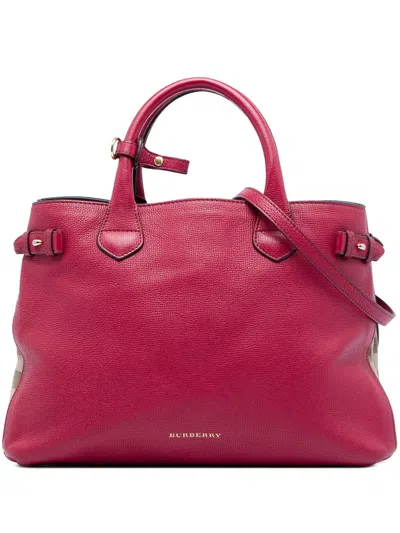 Pre-owned Burberry 2000-2017 Medium Leather And House Check Canvas Banner Satchel In Red